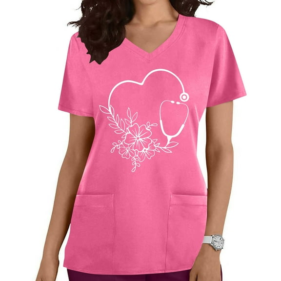Lolmot Womens Scrub Tops Summer Casual V Neck Nurse Uniform Heart Print Short Sleeve Shirt Working Scrubs with Pockets on Clearance