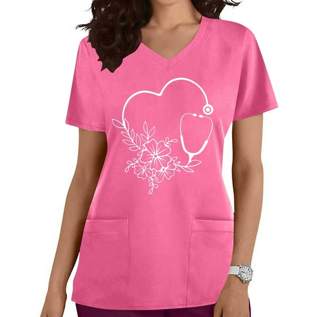 LSLJS Blouse à Manches Courtes à Col en V pour Femmes, Mode, Uniforme de Travail, Imprimé, avec Poche, Blouse, Hauts; Sarraus pour Femmes Grande Taille