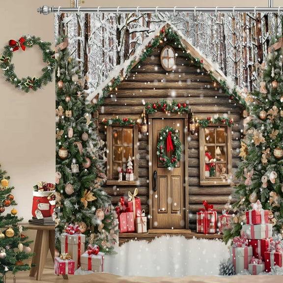 Farmhouse Christmas Shower Curtain,Rustic Wood Cabin Waterproof Fabric Bath Curtain with Hooks,72"x72"