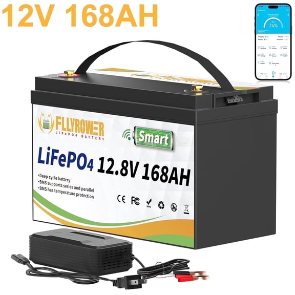 12V 168Ah LiFePO4 Battery Bluetooth,for RV,Trolling Motor,Marine,Boat,Solar,Camping,Group 31 Battery,10 Years Lifetime,FLLYROWER Smart 100A BMS