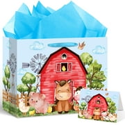 Farm Animals Theme PriNst Birthday Gift Bag for Boys Baby Shower Blue Farmhouse Barnyard Gift Bag Wrapping Paper Card Large Cows Pigs Gifts Bag for Baby Shower Farm Birthday Party Favors Supplies