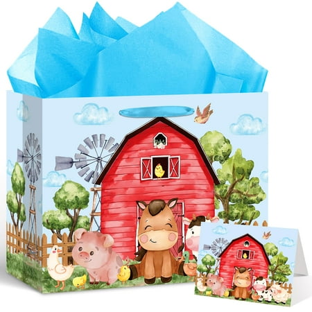 Farm Animals Theme PriNst Birthday Gift Bag for Boys Baby Shower Blue Farmhouse Barnyard Gift Bag Wrapping Paper Card Large Cows Pigs Gifts Bag for Baby Shower Farm Birthday Party Favors Supplies