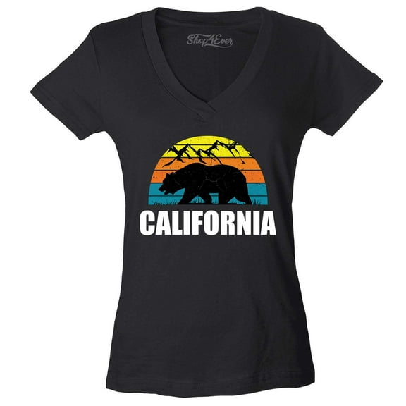 Shop4Ever Women's California State Bear Mountains Retro Horizon Slim Fit V-Neck T-Shirt Medium Black
