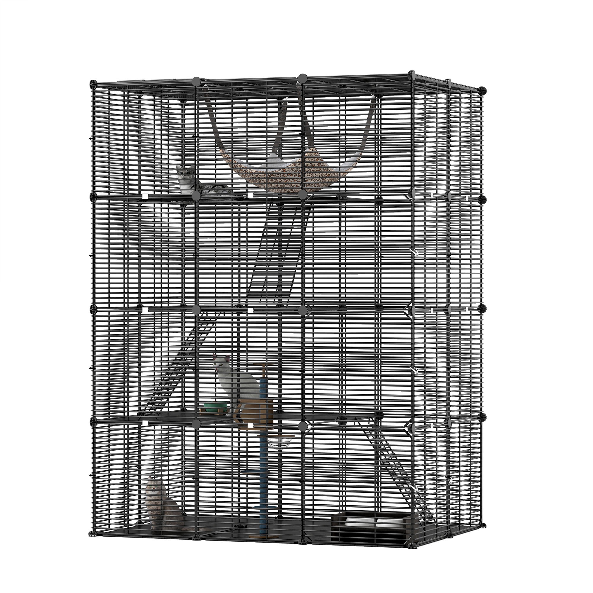 Uforic 55" Large 4 Tier Cat Cage, Indoor Cat Enclosures with Large Hammock, DIY Cat Playpen Metal Kennel for 1-3 Cats,28"L x 41"W x 55"H,Black