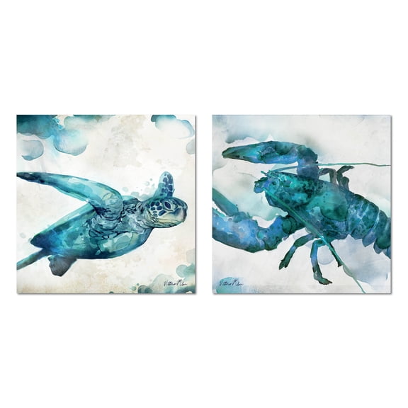 Blue and Teal Watercolor-Style Under Water Turtle and Lobster Set; Coastal Decor; Two 12x12in Paper Posters