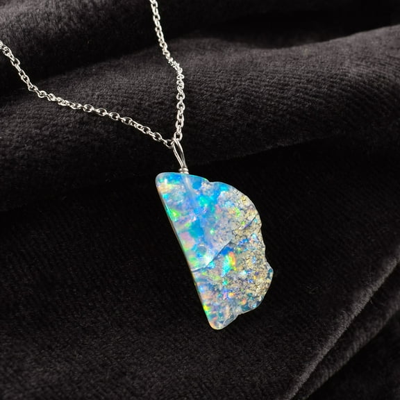 QNAVIC Ultra Fire Polished Raw Ethiopian Opal Stone Handmade Dainty Pendant Necklace For Women, Healing Chakra, Birthstone Jewelry, Rhodium Plated 925 Sterling Silver Chain 18 inch, Wedding Gift