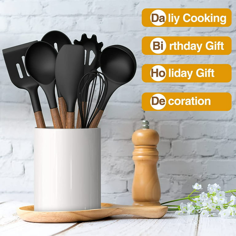 oannao Silicone Cooking Utensils Kitchen Utensil Set - 446°F Heat  Resistant,Turner Tongs,Spatula,Spoon,Brush,Whisk. Wooden Handles Black  Kitchen