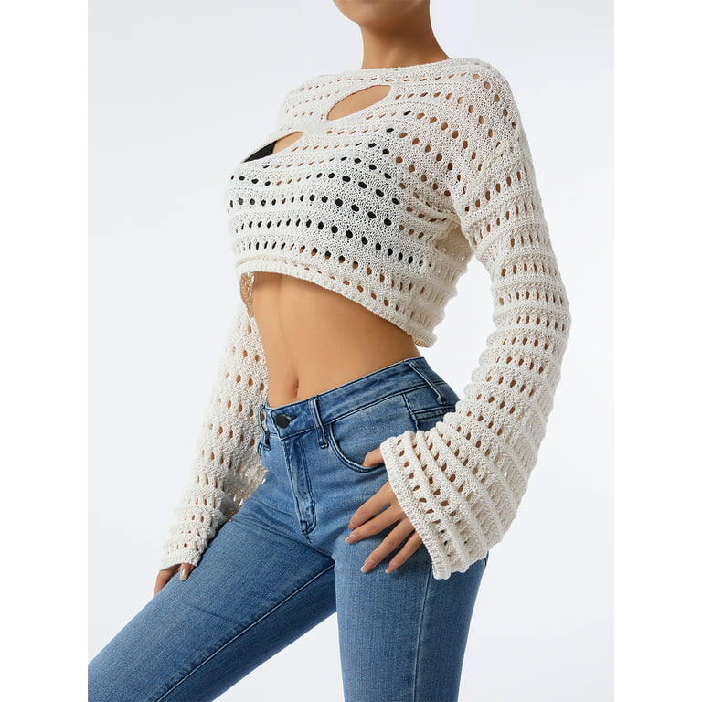 Women Fall Winter Crochet Knit Mesh Sweater Off Shoulder Long Sleeve  Pullover Crop Tops Ribbed Blouse Tops