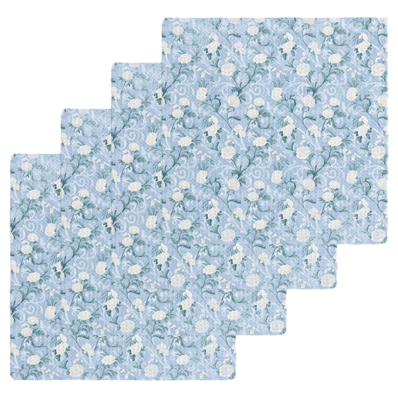 Blue Flowers Kitchen Dish Towels for Drying Dishes Set of 4, Farmhouse Botanical White Floral Leaves Waffle Weave Microfiber Hand Tea Bathroom Towels Quick Dry & Absorbent Towel 12x12