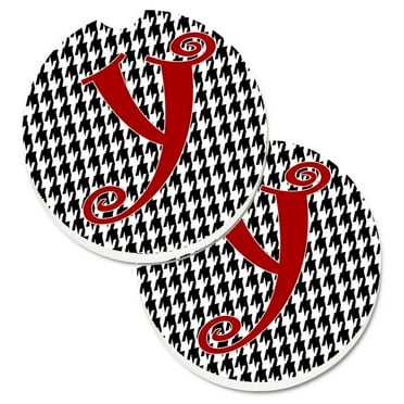 Carolines Treasures CJ1035-YCARC Monogram Initial Y Houndstooth Black  Set of 2 Cup Holder Car Coasters  Large