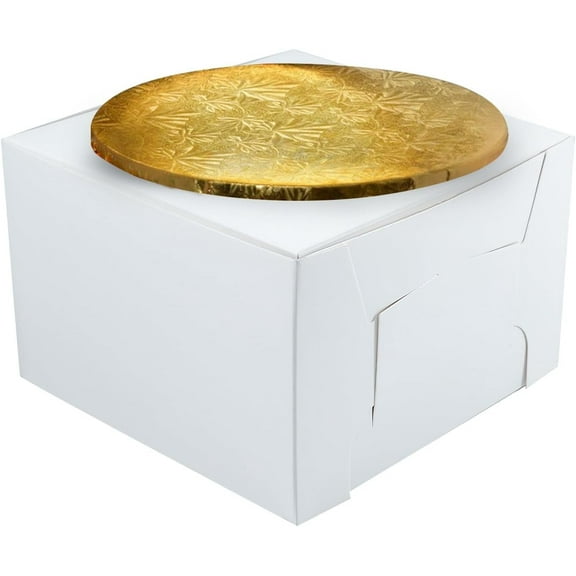 10x10x5 1/2 White Cake Box   10" Gold Round Drum 1/2"