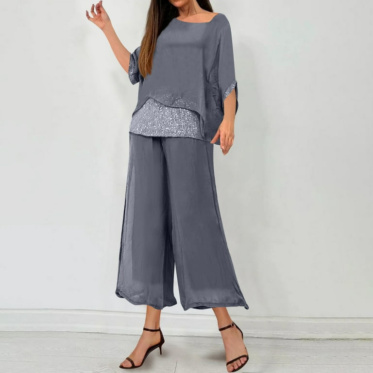 Womens Chiffon Pants Sets, Ladies Mother of the Bride Pant Suits 2 Piece Set, Elegant Wedding Guest Evening Party Gowns Dressy Flowy Pants Suit Set Travel Outfits for Women Gray M - Womens Chiffon Pants Sets, Ladies Mother of the Bride Pant Suits 2 Piece Set, Elegant Wedding Guest Evening Party Gowns Dressy Flowy Pants Suit Set Travel Outfits for Women Gray M -