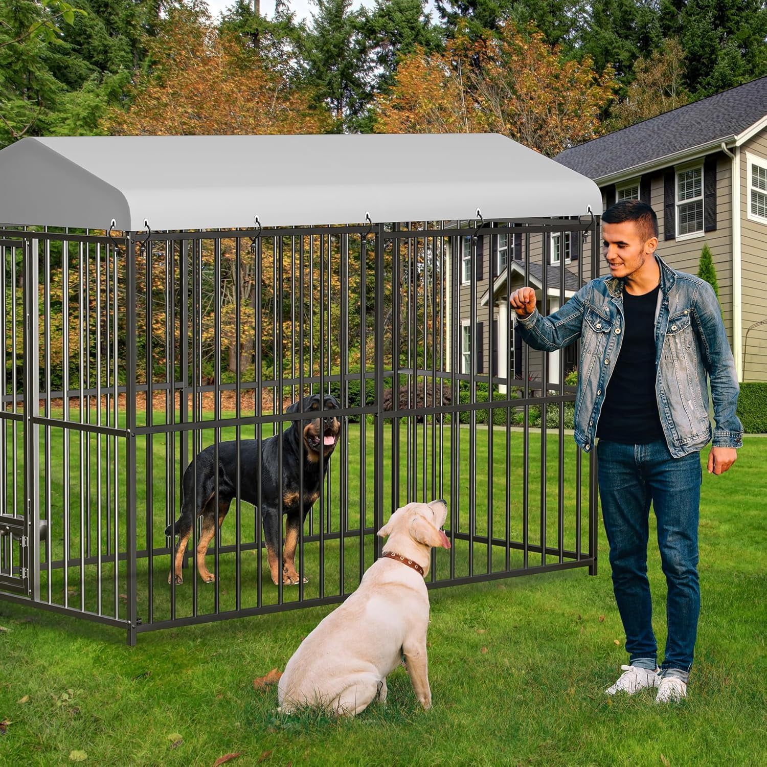 M optimized 8x4FT Dog Kennel Outdoor Dog Enclosures Heavy Duty Dog House with 2 Stainless Bowls, Feeding Door, Waterproof Roof Cover & Secure Lock, Metal Dog Playpen Fence