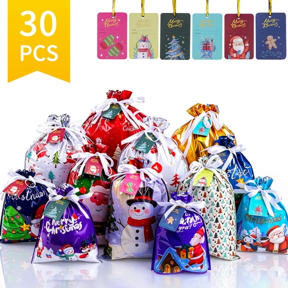 Lumikrypt 30Pcs Christmas Drawstring Gift Bags, 5 Sizes Christmas Wrapping Bags, Gift Wrapping Bag for Xmas Party Favors & Holiday Present Wrapping, Multicolor
