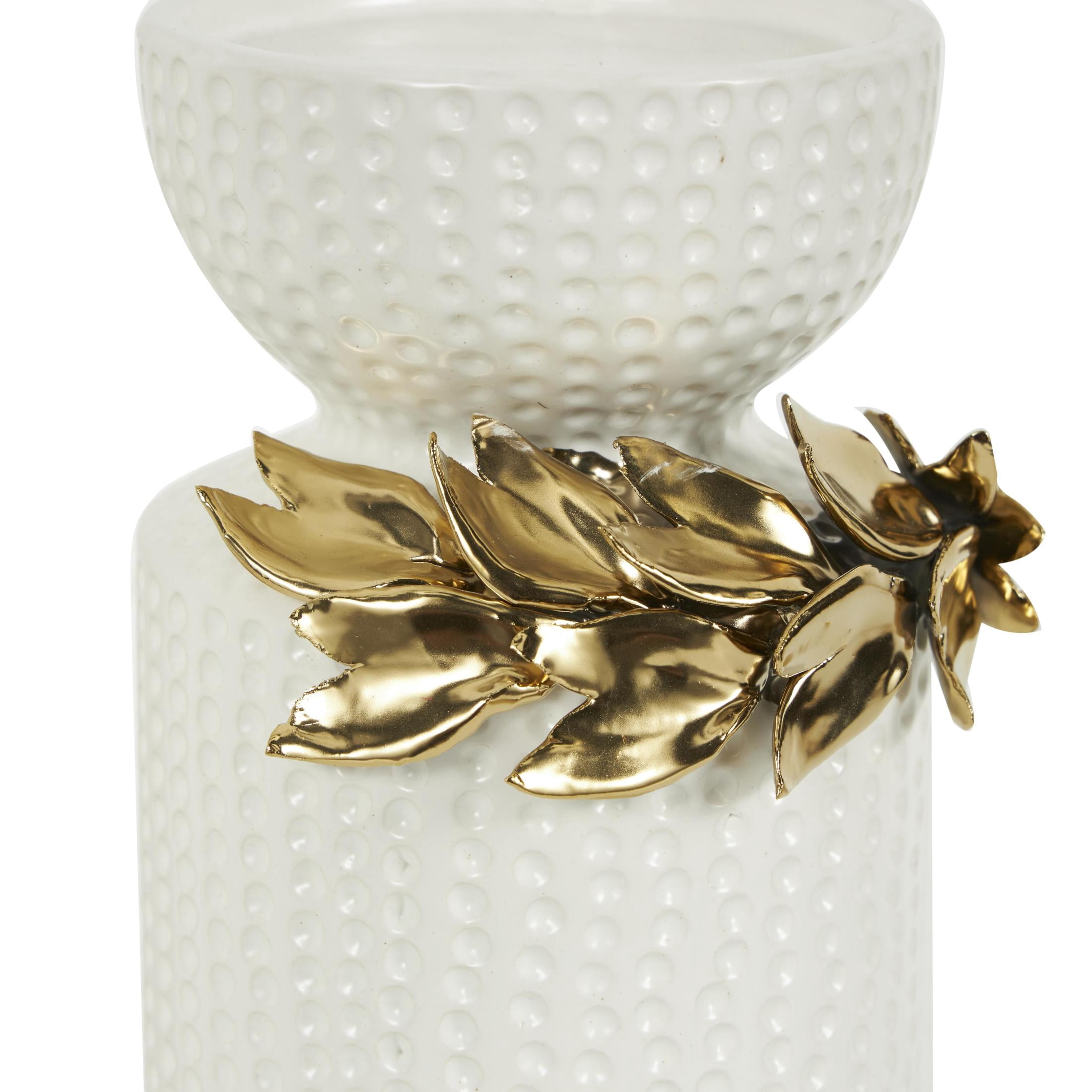 DecMode 2 Candle White Ceramic Leaf Candle Holder with Abstract Spotted Pattern and Gold Accents, Set of 2
