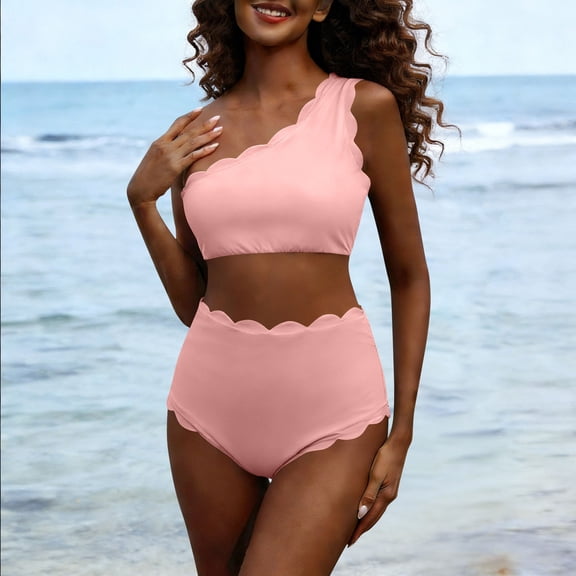 Fznquz High Waisted Bikinis Sets for Women 2 Piece One Shoulder Swimsuits Scalloped 2026 Tummy Control Swim Suit,XL