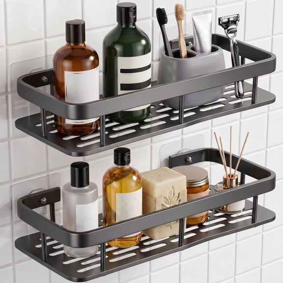 Beteliva Adhesive Shower Caddy 2 Pack, No Drilling Rustproof Aluminum Shelves with 2 Hooks, Large Capacity Wall Mount Storage for Bathroom, Gray