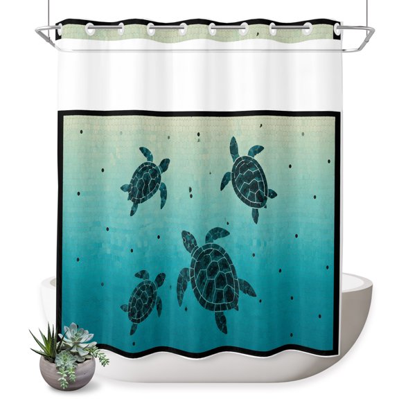 No Hook Shower Curtain, Blue Sea Turtle Coastal Shower Curtains for Bathroom with See Through Top Window, Seaside Nautical Summer Ocean Waterproof & Washable Bath Curtain Long 72"x78"