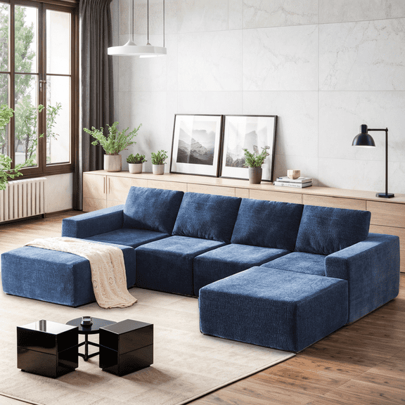 Modular U Shaped Sectional Sofa,Luxury Chenille Floor Couch Set,Upholstered Indoor Furniture,Foam-Filled Sleeper Sofa Bed for Living Room,Bedroom,Free Combination,Blue