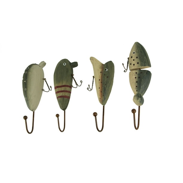 Rustic Wooden Vintage Fishing Lure Wall Hooks Set of 4 