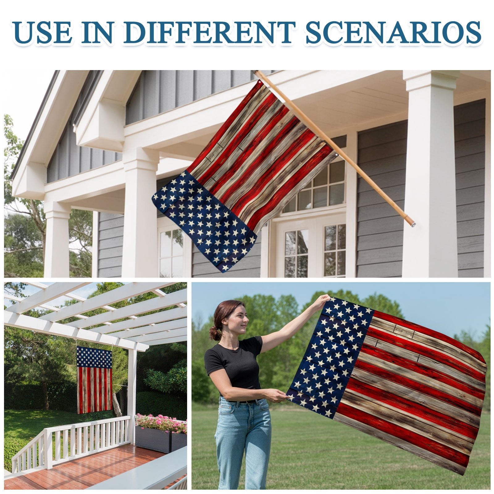 4th of July Flags for Outside 3x5 ft USA Flag Outdoor Flags Double Sided Grommets House Banner Patriotic Stars Stripes Retro Wood Grain Patio Yard Flag for Outdoor Party Porch Independence Day