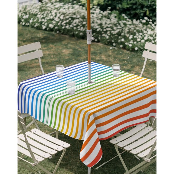 Outdoor Tablecloth with Umbrella Hole, Rainbow Gradient Colorful Stripes Zippered Table Cloth for Rectangle Tables, Minimalist Vertical Line Washable Waterproof Tablecloths for Picnic Patio Garden
