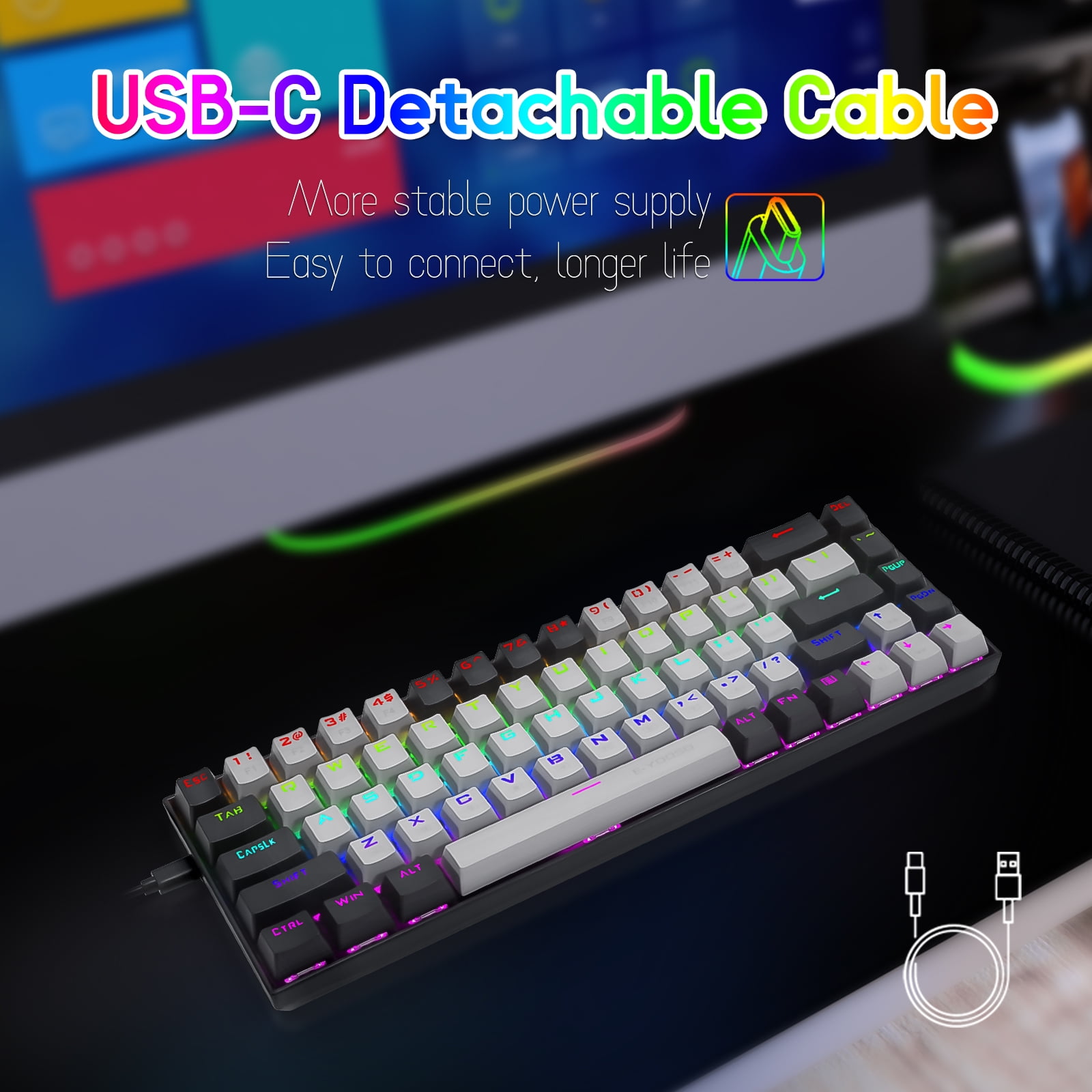 65% RGB Gaming Keyboard, E-YOOSO Z-686 Wired 68 Keys Mechanical Keyboard, Linear Red Switches, Pro Software Supported, Detachable Cable, Separate Arrow Keys - Grey/Black