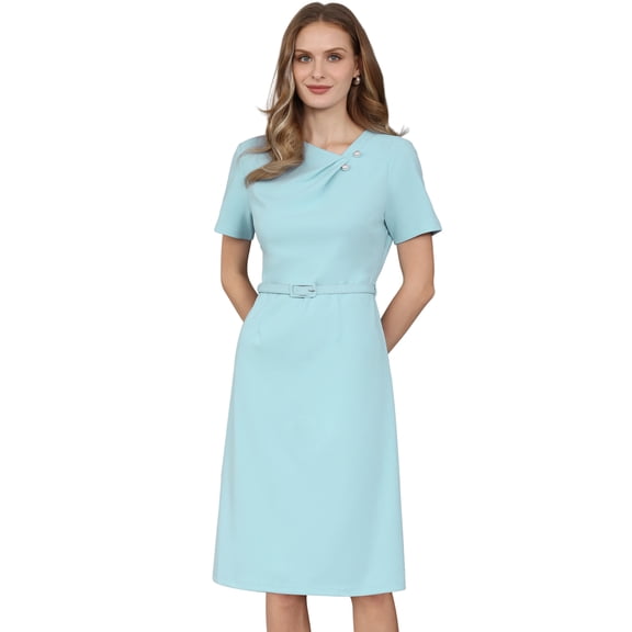 DARING DIVA Women's A Line Dress Short Sleeve Asymmetrical Neck Dresses S Light Blue