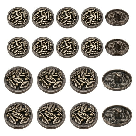 40Pcs 2 Styles 1-Hole Alloy Shank Button Flat Round with Leaf Pattern Antique Bronze 18~22.5x8~9mm Hole: 2~2.5mm 20pcs/style