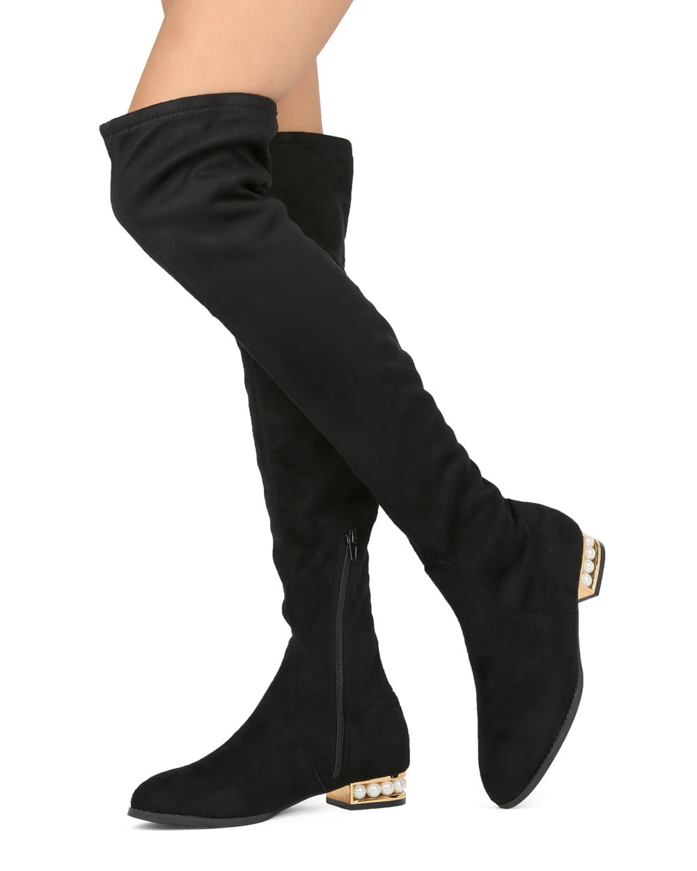Women's Round Toe Faux Suede Pearl Tassels Over The Knee High Boots Mid Heels 