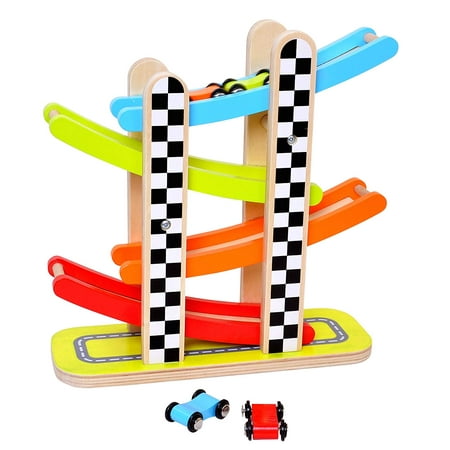 Pidoko Kids Car Racer Track Playset - 4 Levels Zig Zag Gliding Cars Racing Games - Wooden Mega Ramp Slider Ladder with four Mini Racers - Race Toys for Toddlers Boys and Girls 2 year old and