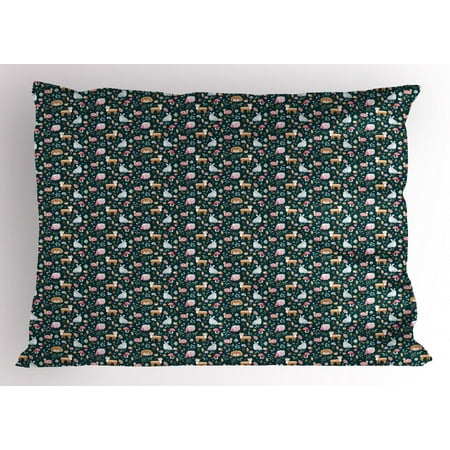 Acorn Pillow Sham, Woodland Nature Illustration Mushroom Nuts Deer and Owl on Dark Green Background, Decorative Standard Size Printed Pillowcase, 26 X 20 Inches, Multicolor, by