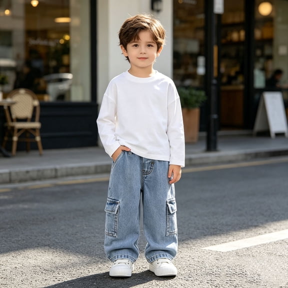 SOFTCCLO Boys Jeans High Street Wide Leg Flared Loose Casual Denim Pants for Boys Relaxed Size 3-4Y
