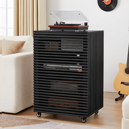 5-Tier AV Media Cabinet with Grille Door, Modern Wooden Stereo Rack with Adjustable Shelves & Wheels, Audio Video Cabinet for Living Gaming Room Recording Studio (Black)