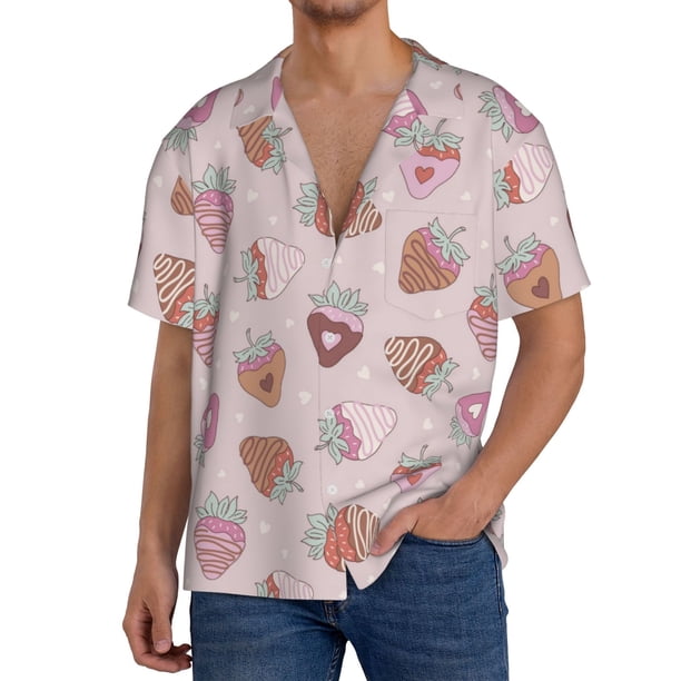 Balery Strawberry Cake Camisa Casual de Manga Corta con Botones para Hombre, Texturizada, Estilo Cubano, para Playa, Verano-XX-Large