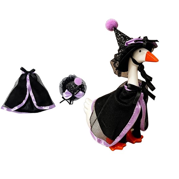 Qocolcyl Halloween 7in Witch Cape Goose Outfit Set, Glitter Witch Hat & Cloak for Porch Goose Statue, Indoor Outdoor Halloween Decorations, Black Purple Farm Goose Costume Seasonal Garden Decor Gift