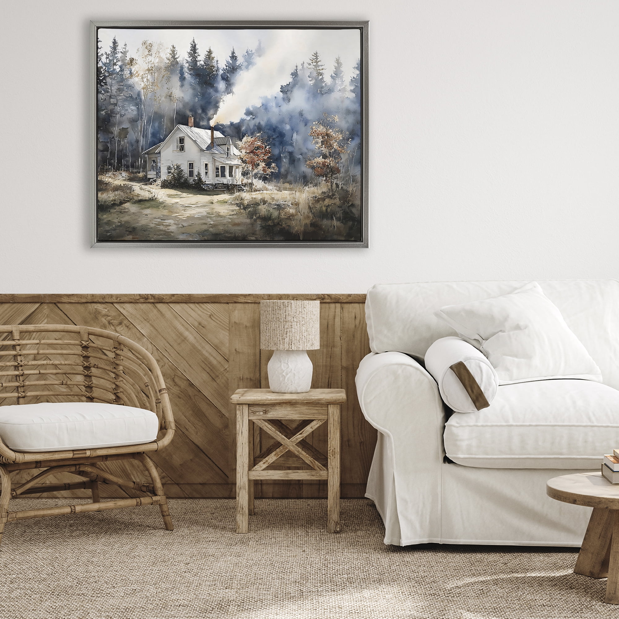 Stupell Industries Indigo Smoke at Woodland Cottage Gray Framed Floater Canvas Wall Art, design by Franklyn Gregory