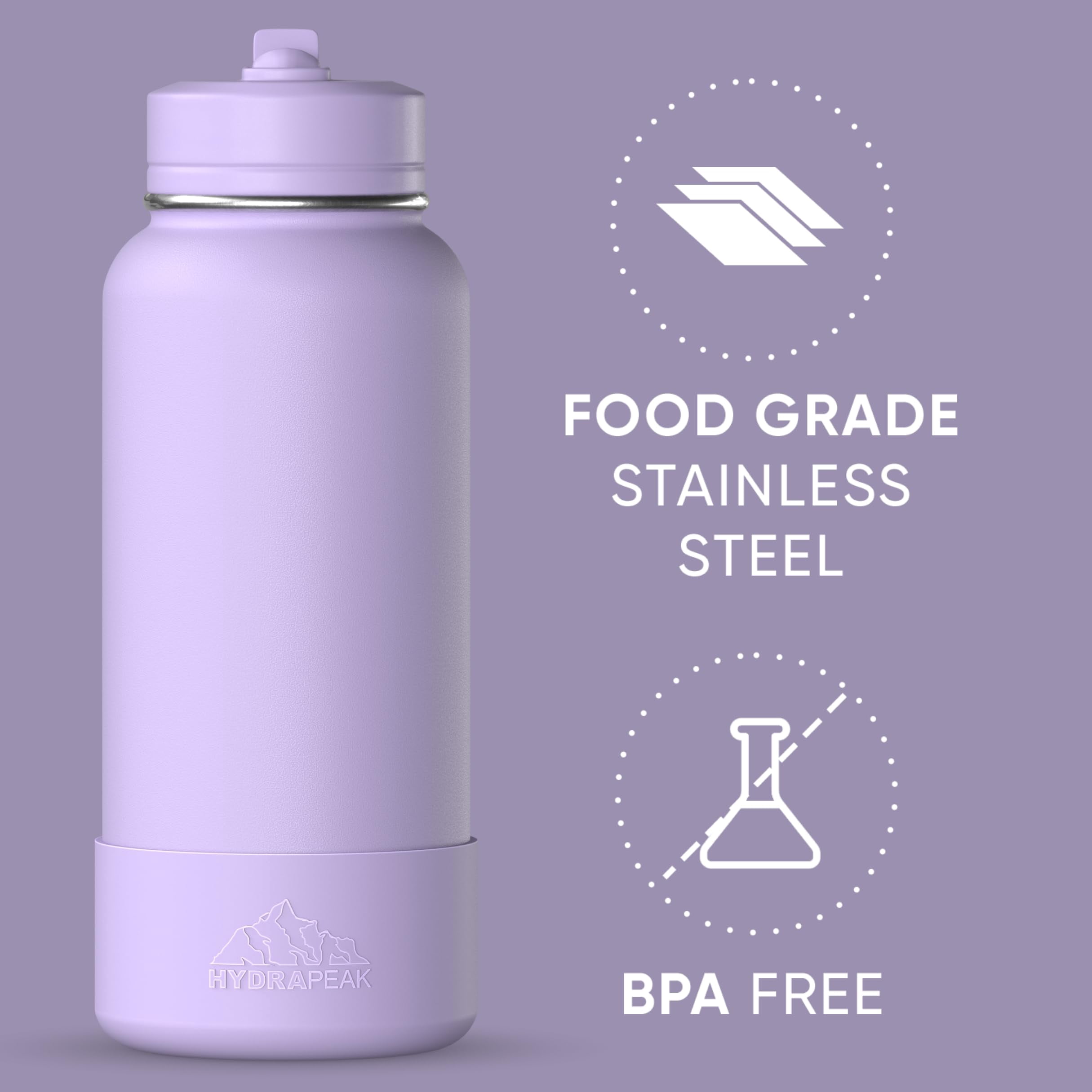 Hydrapeak 32oz Sport Insulated Water Bottle with Straw or Chug Lid, Leak & Spill Proof, Keeps Drinks Cold for 24 Hours, Hot for 12 Hours, Premium Stainless Steel Water Bottles (32oz, Dlavender)