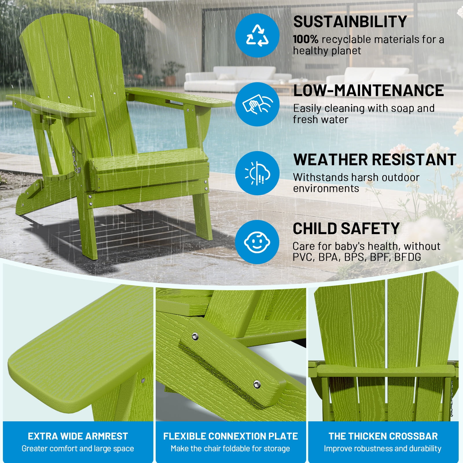 Easthome Adirondack Chair, HDPE All-Weather Outdoor Patio Lounge Chair with Cup Holder & 380lb Capacity for Deck, Garden, Poolside, Backyard - Green