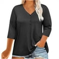 thumbnail image 2 of Pincandy Women Plus Size Neck 3/4 Sleeve Casual Tshirts Loose Basic Tunic Tees Shirts Dressy Casual Henley V-Neck Summer Tops Pleated T-Shirts Loose Fit Tunic Blouses,Dark Gray,4XL, 2 of 7