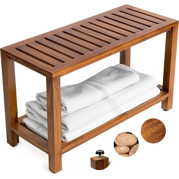30" Teak Wood Shower Bench with Shelf, Fully Assembled Water-Resistant Shower Stool / Spa Seat
