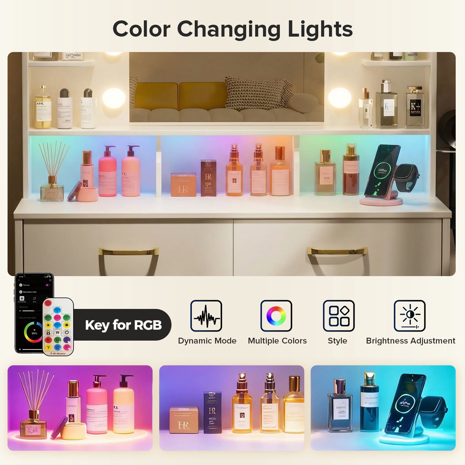 LUCKLIFE Vanity Desk with LED Lights Mirror & Power Outlet,Makeup Vanity Table for Women Girls Bedroom, White