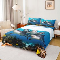 Feelyou Sea Shark Animal Queen Sheet Sets, Underwater World Teens Bed Set, 4-Piece