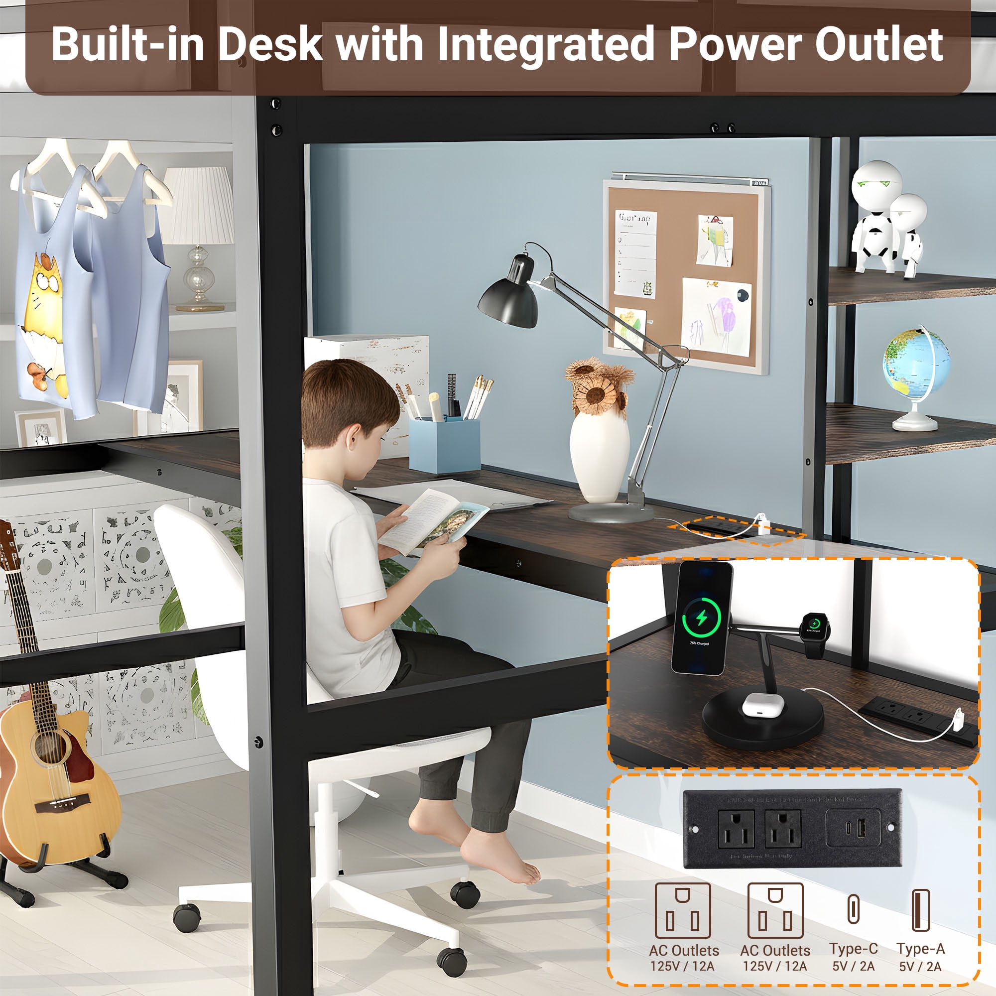 Miniyam Twin Size Loft Bed with Desk and Storage Shelves, Metal Loft Bed with Charging Station and LED Lights