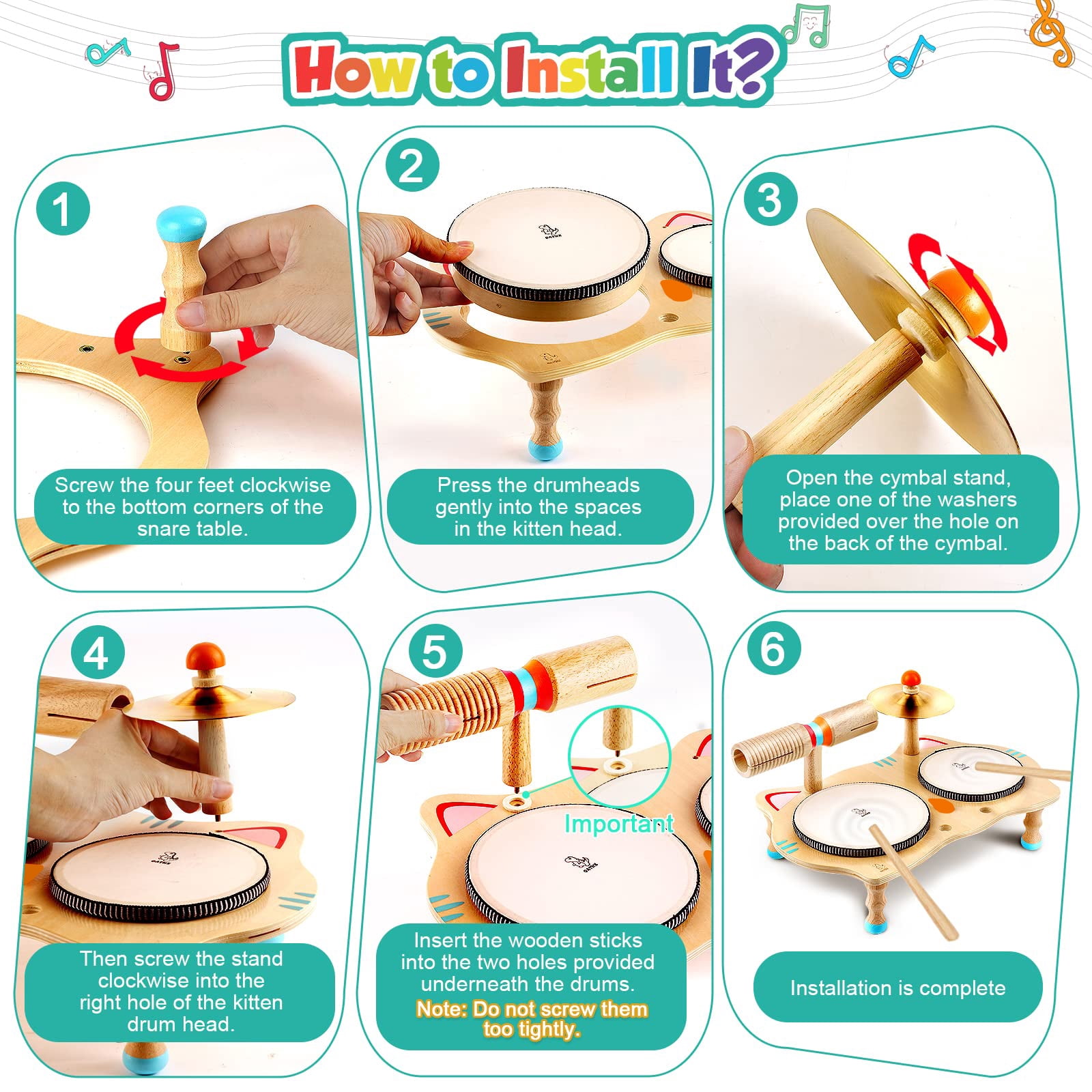 OATHX Toddler Educational Music Toys Kids Drum Set Wood Montessori Learn Baby Musical Instruments Birthday Gift