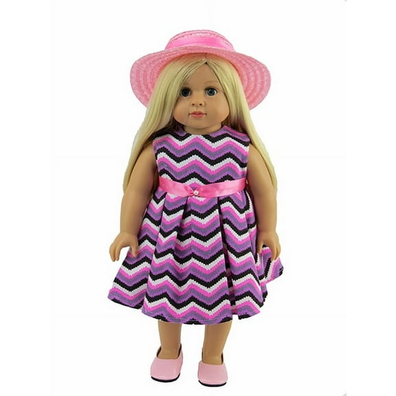 Sleeveless Chevron Pattern Dress with Hat For 18 inch Dolls | American Fashion World