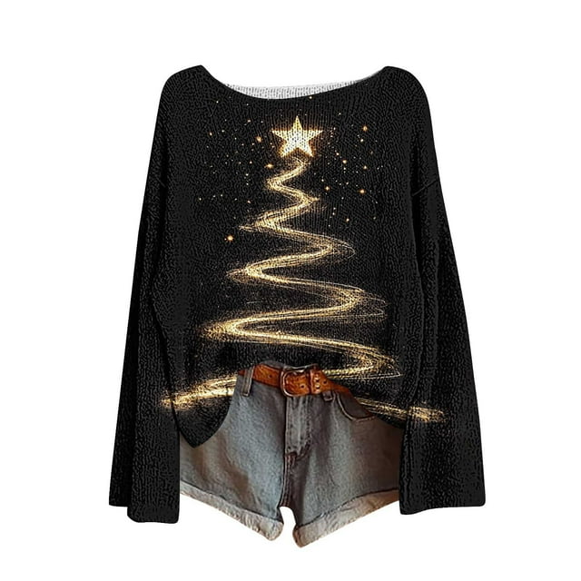 LMKIHUSA Chandails Boho d'Automne pour Femmes Mode Automne Mignons Pulls Graphiques Surdimensionnés Tricotés Col Rond Pulls Confortables Noirs,P