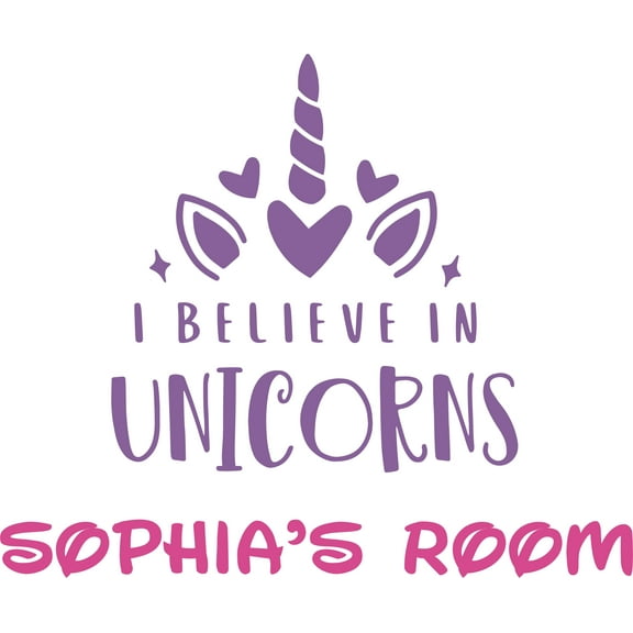 I Believe In Unicorns Cute Horn Hearts Customized Wall Decal - Custom Vinyl Wall Art - Personalized Name - Baby Girls Boys Kids Bedroom Wall Decal Room Decor Wall Stickers Decoration Size (40x40 inch)
