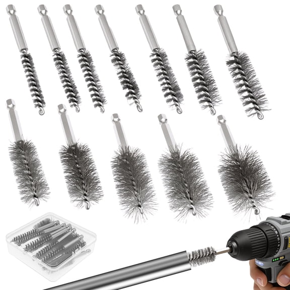 12Pcs Stainless Steel Bore Brush Set 1/4" Hex Shank Wire Bore Brush Set Cleaning Wire Tool Automotive Rust Removal Cleaning Tool for Auto Parts Bottles Tubes