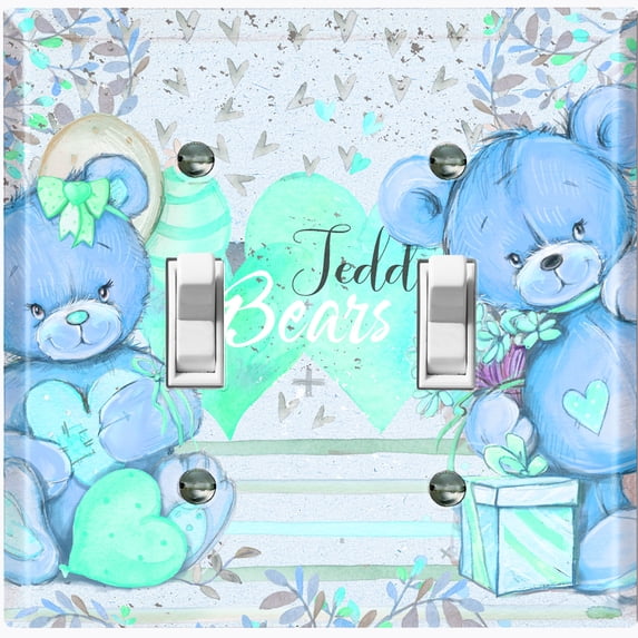 Metal Light Switch Wall Plate Outlet Cover (2 Teddy Bears Blue Teal With Love Heart Balloon Flower - Double Toggle)